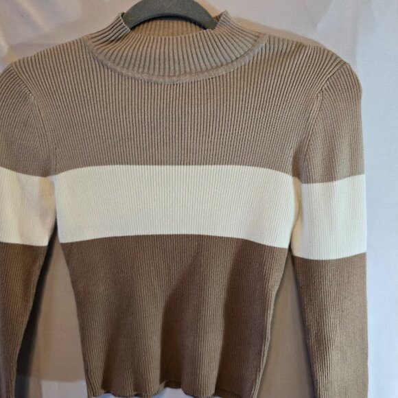 THE SLOPE LONG SLEEVE NEUTRAL BROWN CREAM COLOR BLOCK SWEATER CROPPED MEDIUM - Picture 3 of 7